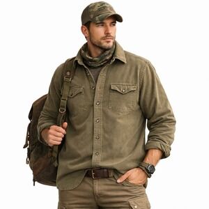 Eddie Bauer Mens Large Tall Green Heavyweight Cotton Long Sleeve Button Shirt